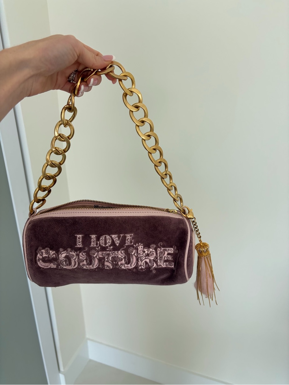 Juicy Couture Mauve Velvet Chain-Handle Shoulder Bag